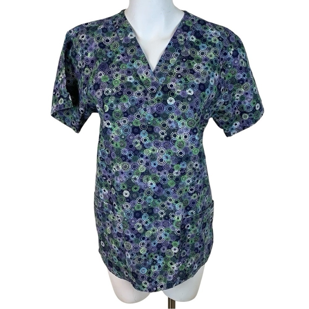 Women's V-Neck UA Medical Scrub Top in Blue & Green, Purple Circle Print